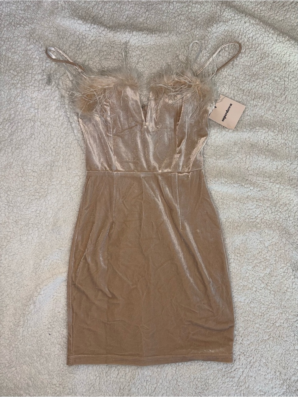 Feather-Trim Metallic Beige Party Dress